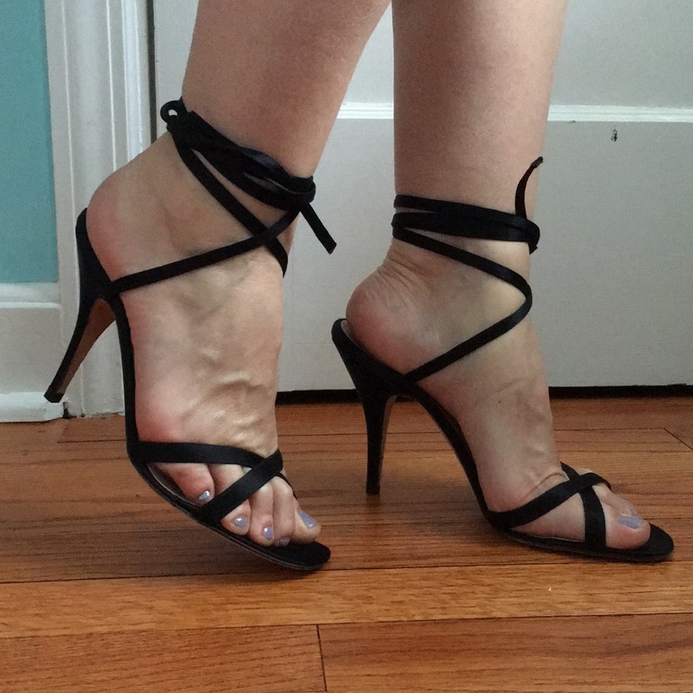 Manolo Blahnik black satin wrap heels